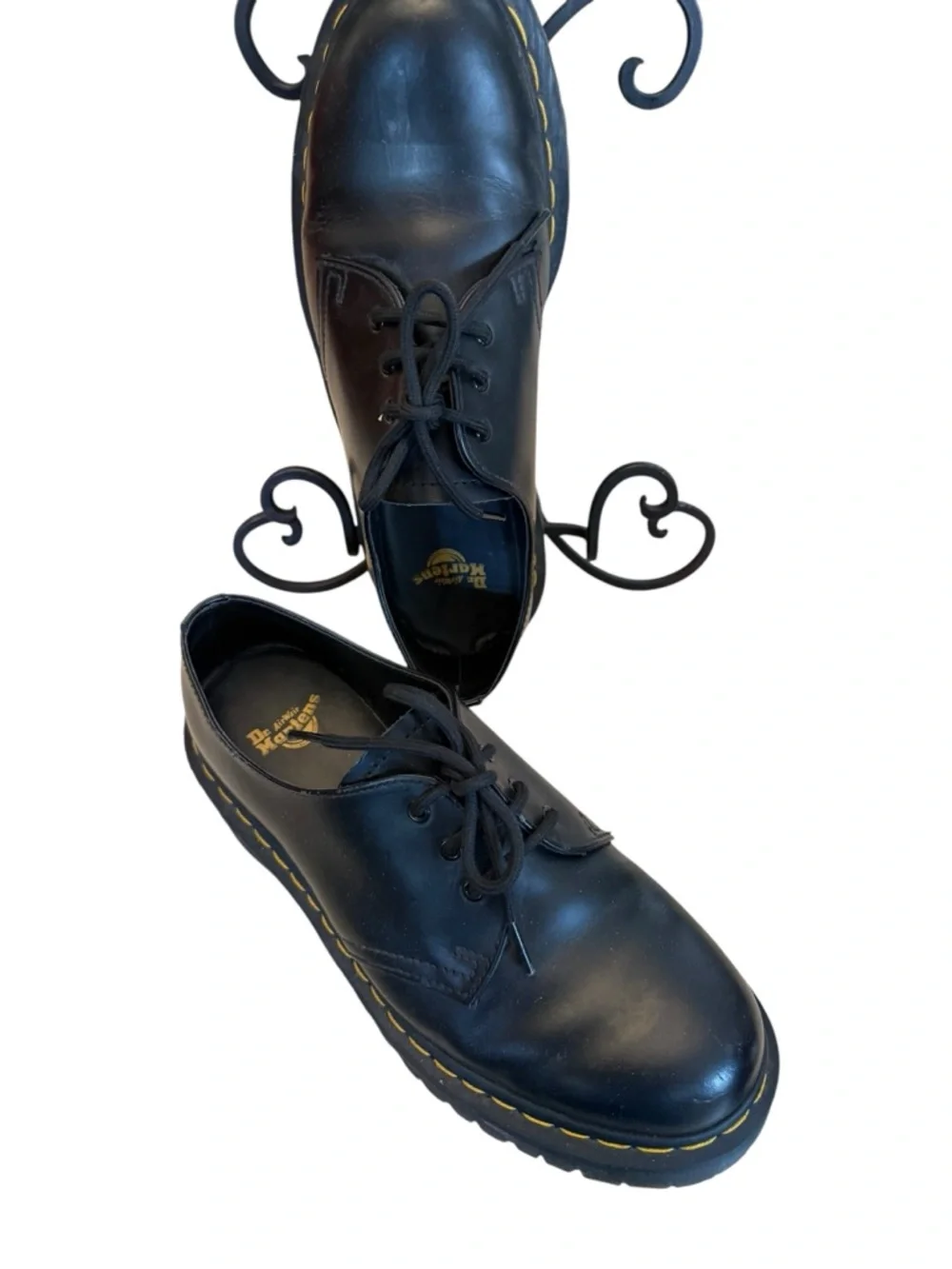 Dr Martens  Men's Black Lace-Up Platform Shoes with Yellow Stitch Detail